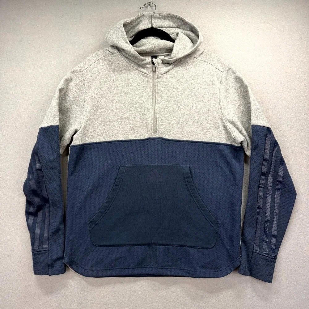Adidas Fleece Hoodie Mens Large Navy Gray Fleece Lined Three Stripes Quarter Zip